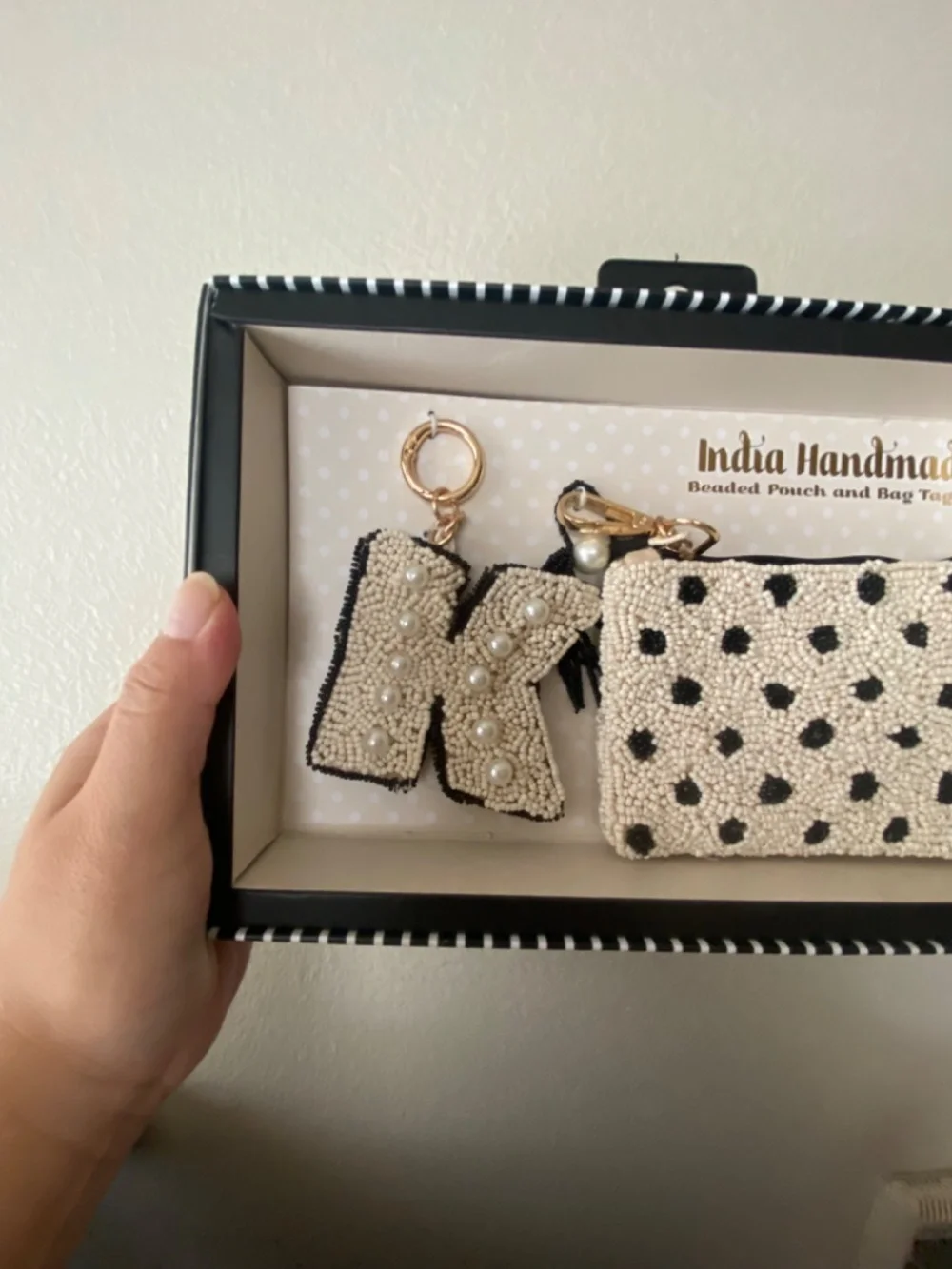 NIB India Handmade Beaded Pouch and Bag Tag Set Polka Dot 